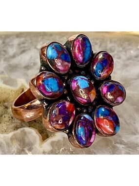 Kingman Peacock Dahlia Turquoise Copper Cluster Ring Adj Size Handmade Statement